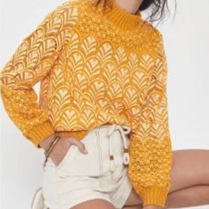 Anthropologie X Daniel Rainn Mustard Patterned zip neck back Sweater